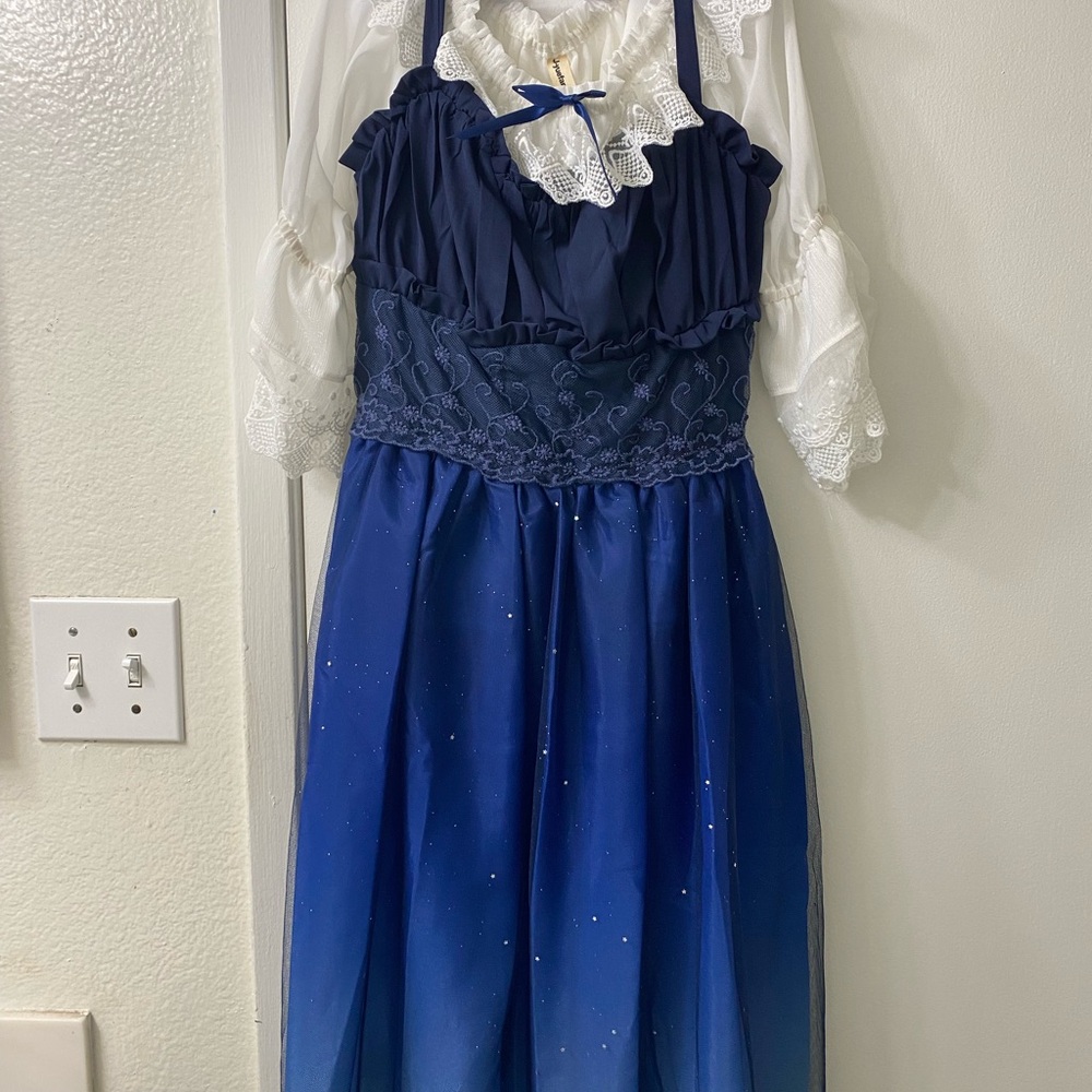 blue starry sky ruffle tulle slip dress with lace white top